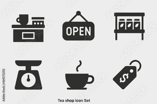 Tea shop icon set – cafe counter, open sign, tea shelf, scale, teacup, price tag, flat style
