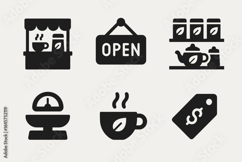 Tea shop icon set – cafe counter, open sign, tea shelf, scale, teacup, price tag, flat style