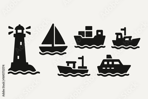 Ship icons collection – marine transport, sailing, nautical vessels, simple line style