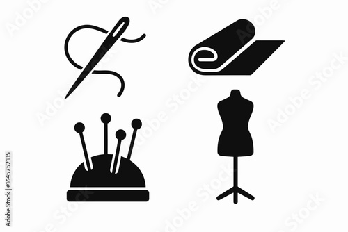 Sewing tools icons set – tailoring, handmade craft, simple line style