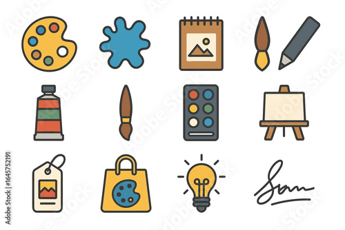 Creative art icons: palette, brush, easel, paint tube, light bulb, signature