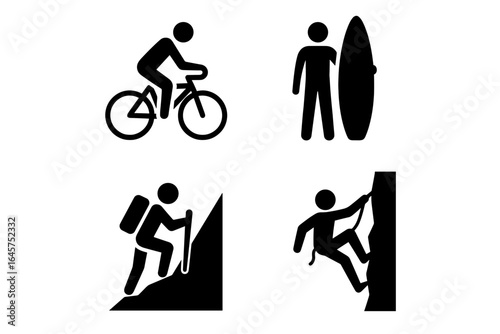Outdoor activities icons set – cycling, surfing, hiking, rock climbing