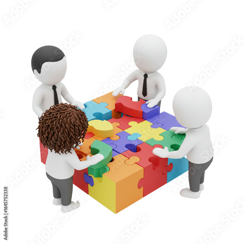Four diverse figures collaborate to assemble a large, colorful jigsaw puzzle, symbolizing teamwork, problem-solving, and the successful integration of ideas.
