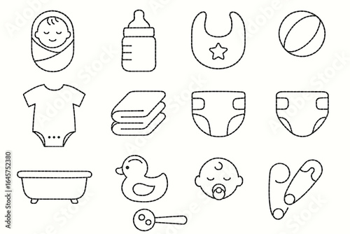 Baby essentials icon set: bottles, bib, toys, clothing, bath time, safety