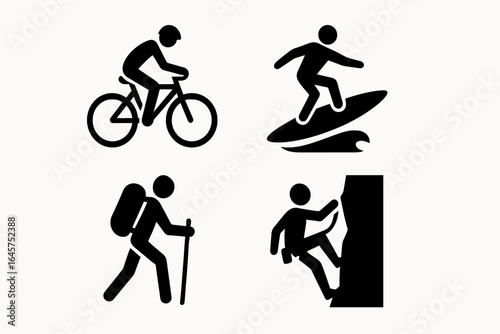 Outdoor activity icons set – cycling, surfing, hiking, rock climbing