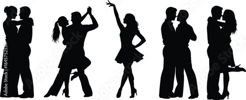 Silhouette of couples dancing, elegant dance poses, romantic movement illustration, perfect for wedding invitations, dance studio ads, event promotions, vector art