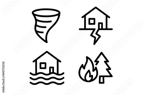 Natural Disaster Icons – Tornado, Flood, Earthquake, House Damage