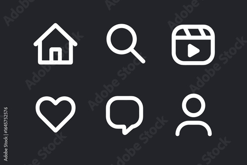 Social media UI icons set – home, search, reels, like, chat, profile
