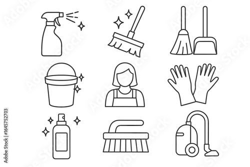 Cleaning service icons set – spray, mop, bucket, gloves, vacuum, brush