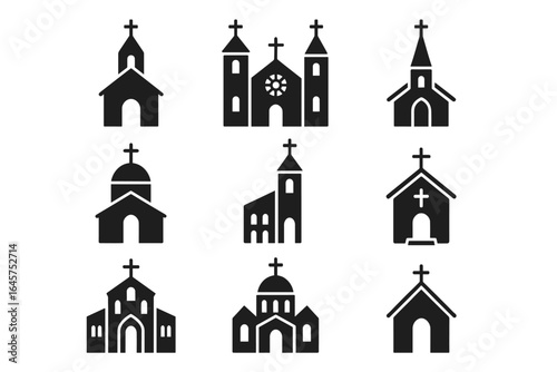 Church icons set – christian cathedral, chapel, basilica, monastery