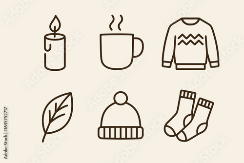 Cozy seasonal icons set – candle, mug, sweater, leaf, hat, socks