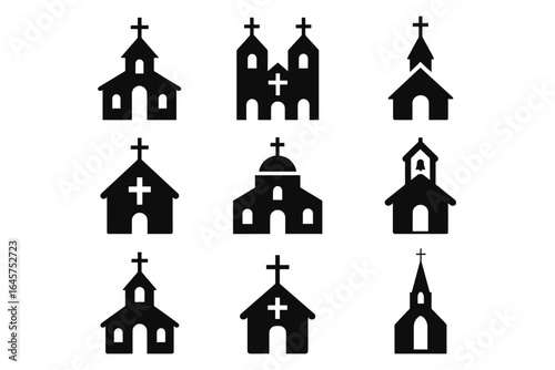 Church icons set – christian cathedral, chapel, basilica, monastery