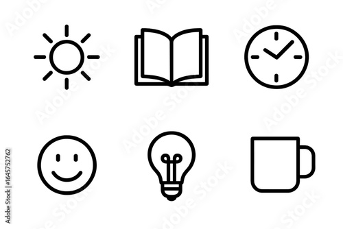 Daily routine icons set – sun, book, clock, smile, light bulb, coffee mug