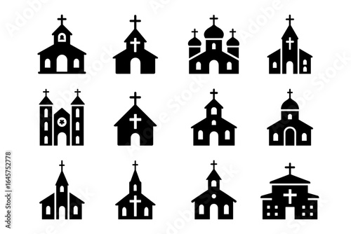 Church icons set – christian cathedral, chapel, basilica, monastery