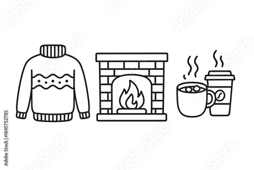 Cozy winter icons set – sweater, fireplace, hot coffee drinks