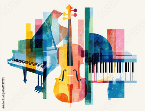 Modern abstract music art with bright piano keys and violin in a colorful composition