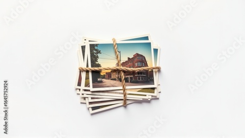A stack of vintage photographs tied with twine, showcasing street and architecture views indoors.