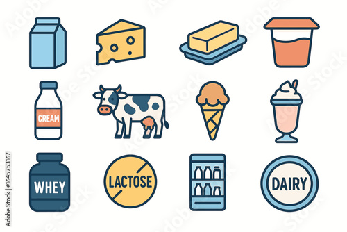 Dairy products icons set: milk, cheese, butter, yogurt, cream, cow, ice cream