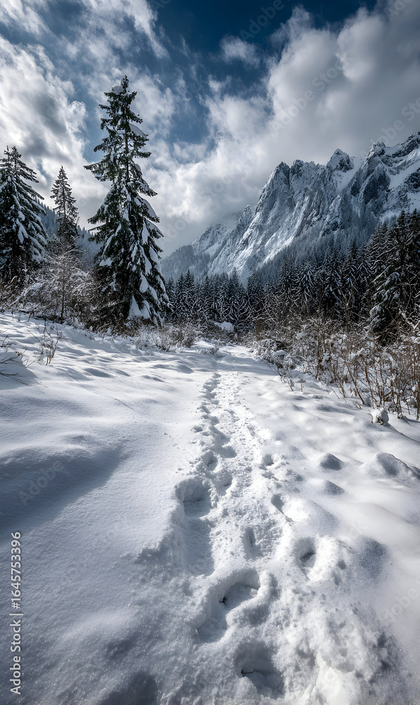 Obraz premium Winter Wonderland Footprints Through Fresh Snow in Picturesque Mountain Valley Pine Trees and Dramatic Sky Perfect for Holiday Greetings or Nature Escape Promotions