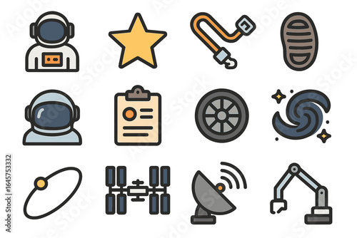 Space exploration icons: astronaut, star, galaxy, satellite, robotics, telescope