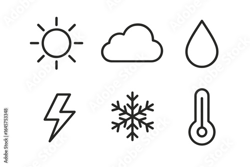 Weather and Climate Icons Set – Sun, Cloud, Rain, Lightning, Snowflake, Thermometer