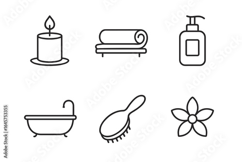 Spa and Wellness Icons – Candle, Towel, Bath, Lotion, Brush, Flower
