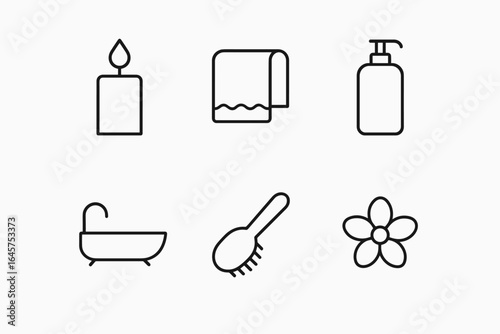 Spa and Wellness Icons – Candle, Towel, Bath, Lotion, Brush, Flower