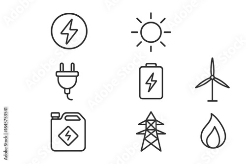 Energy and Power Line Icons – Electricity and Renewable Sources