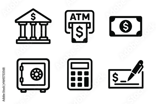Banking and Finance Icons – Money, ATM, Cash, Safe, Calculator, Check