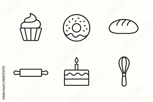 Bakery and Pastry Icons Set – Cupcake, Donut, Bread, Cake, Rolling Pin, Whisk