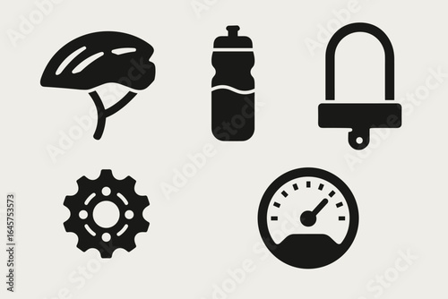 Cycling Icons Set – Bicycle Helmet, Water Bottle, Bike Lock, Gear, Speedometer