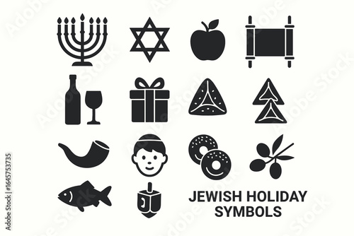 Jewish Holiday Symbols Icon Set – Hanukkah, Passover, Purim and Rosh Hashanah