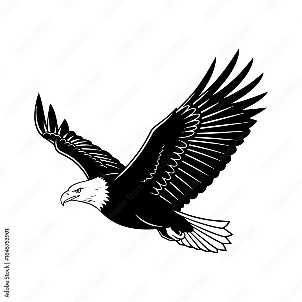 Fototapeta premium A stunning graphic design of a flying eagle done in black and white. It is a strong and bold symbol ideal for logos, mascots, and branding.