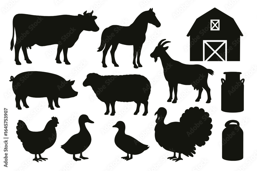 Fototapeta premium Farm Animals Silhouette Icons – Cow, Horse, Pig, Sheep, Goat, Chicken, Goose, Turkey, Barn, Milk Can
