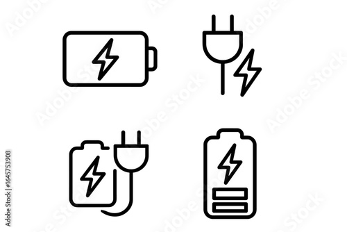 Battery Charging Icons Set – Energy, Power Supply and Electricity Symbols