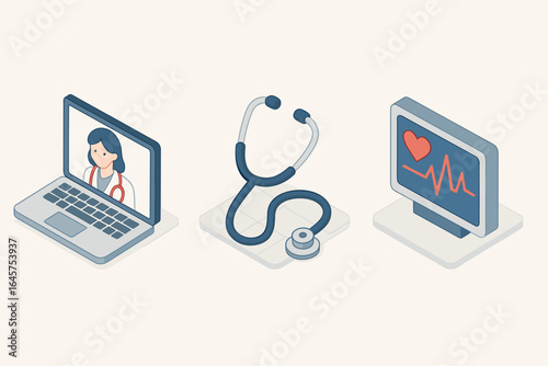 Telemedicine Icons Set – Online Doctor, Stethoscope and Heart Monitor