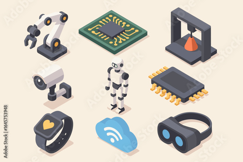 Isometric Technology Icons Set – Robotics, AI, 3D Printing, VR, IoT