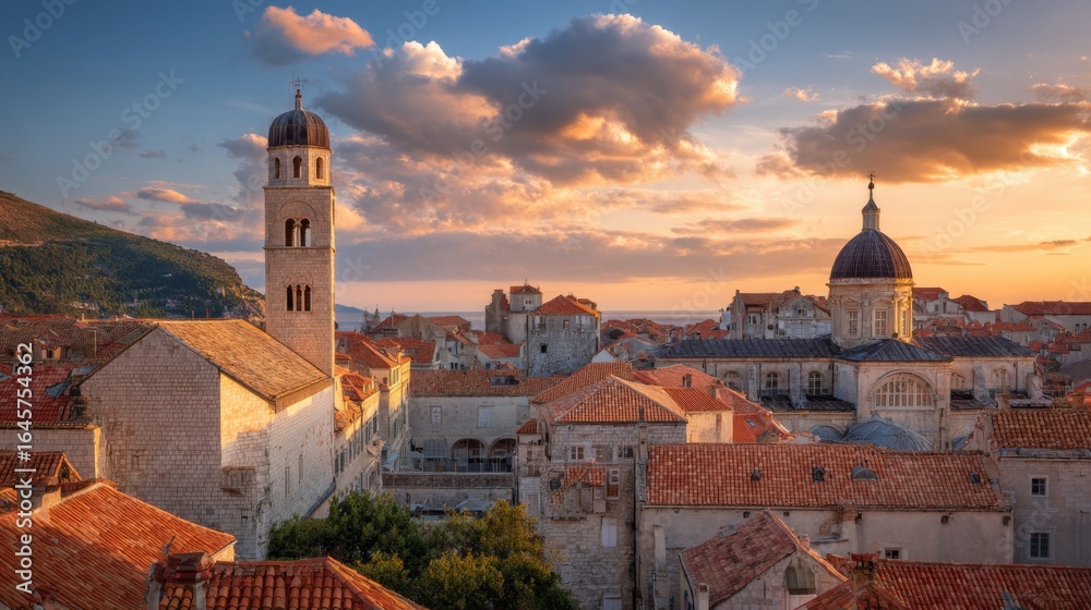 Fototapeta premium Golden hour light illuminates historic city buildings with red roofs a tall tower and large dome