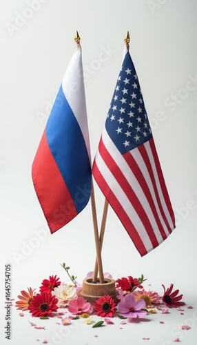 US and Russian flags together in isolated white background, symbolize partnership and collaboration