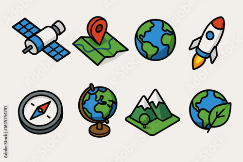 Geography and Navigation Icons Set – Globe, Map, Satellite and Eco Symbols