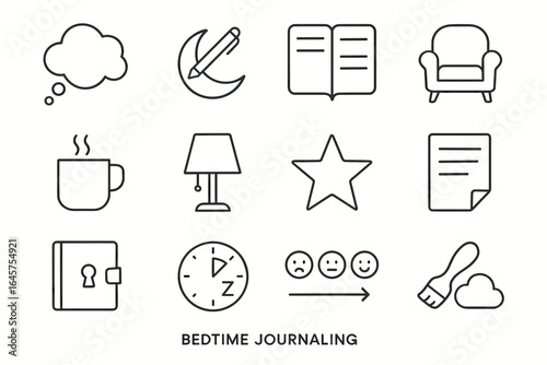 Bedtime journaling icons: notebook, relaxation, sleep, lamp, star, chair, mug