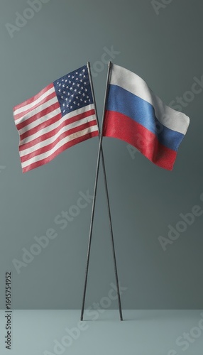 US and Russia flags together in isolated grey background, symbolize commitment to global cooperation