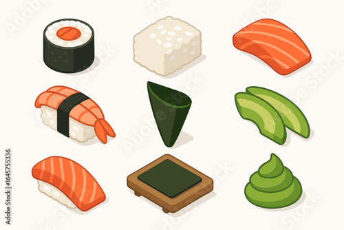 Isometric Sushi Ingredients Icons – Vector Set of Japanese Cuisine Components in 3D Style