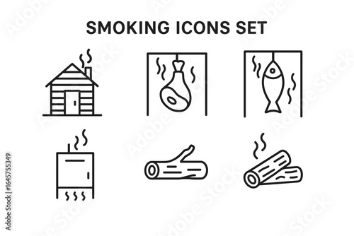 Smoking Icons Set simple compose. Smoking meat and Fish 