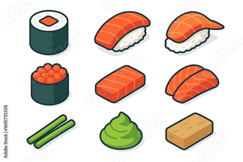 Isometric Sushi Ingredients Icons – Vector Set of Japanese Cuisine Components in 3D Style