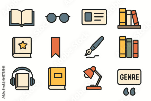 Colorful library elements: books, glasses, headphones, lamp, pen, genres