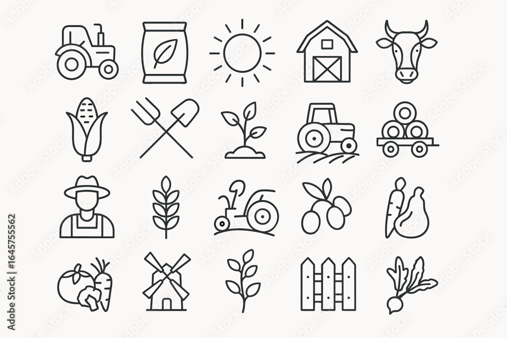 Fototapeta premium Farm Icons Set – Vector Symbols of Agriculture, Crops, Livestock, and Farming Equipment