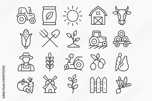 Farm Icons Set – Vector Symbols of Agriculture, Crops, Livestock, and Farming Equipment