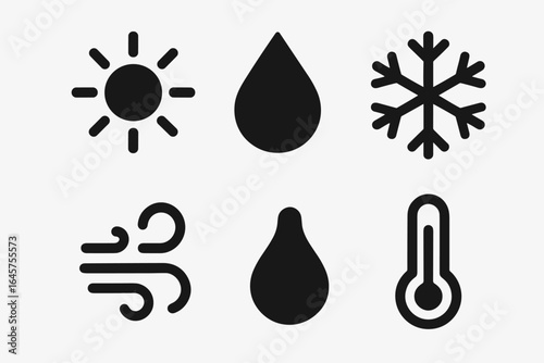 Weather and Climate Icons Set – Sun, Snowflake, Wind, Temperature, Humidity Symbols