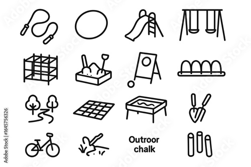 Outdoor playground activities and equipment icons for kids